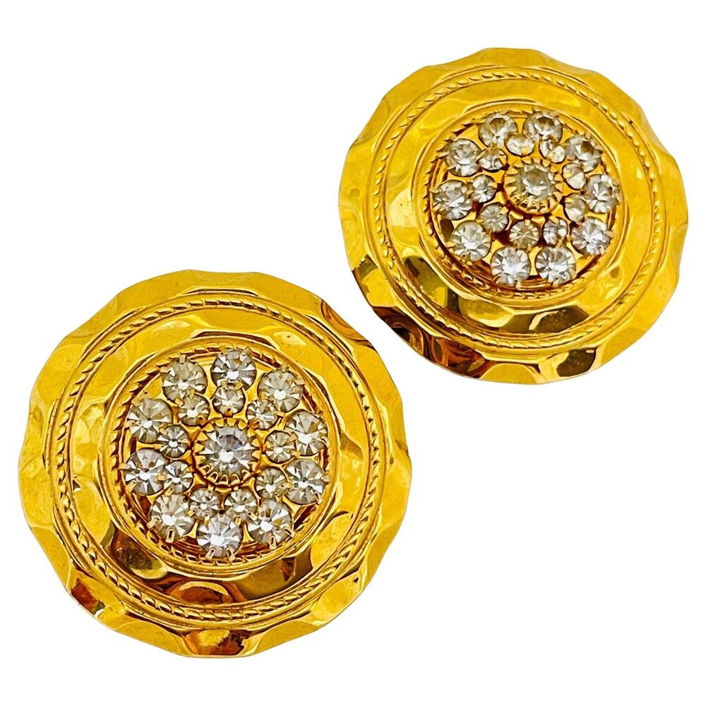 OLALA signed vintage gold tone rhinestone designer clip on earrings